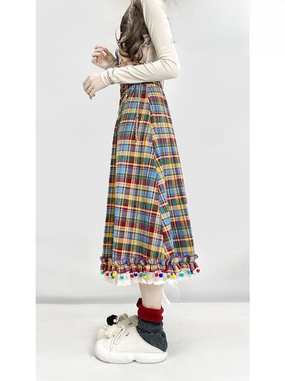 Rainbow Plaid Pompons Hem Midi Length Vintage Skirt
