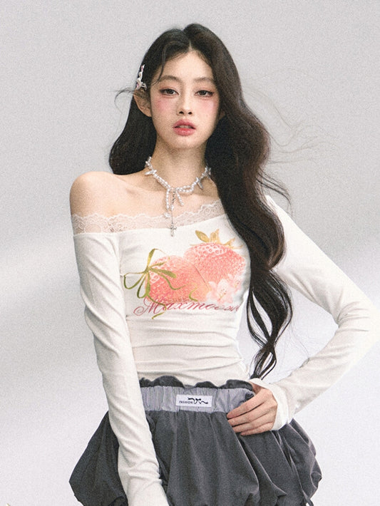 White Asymmetrical Neckline Strawberry Print Top