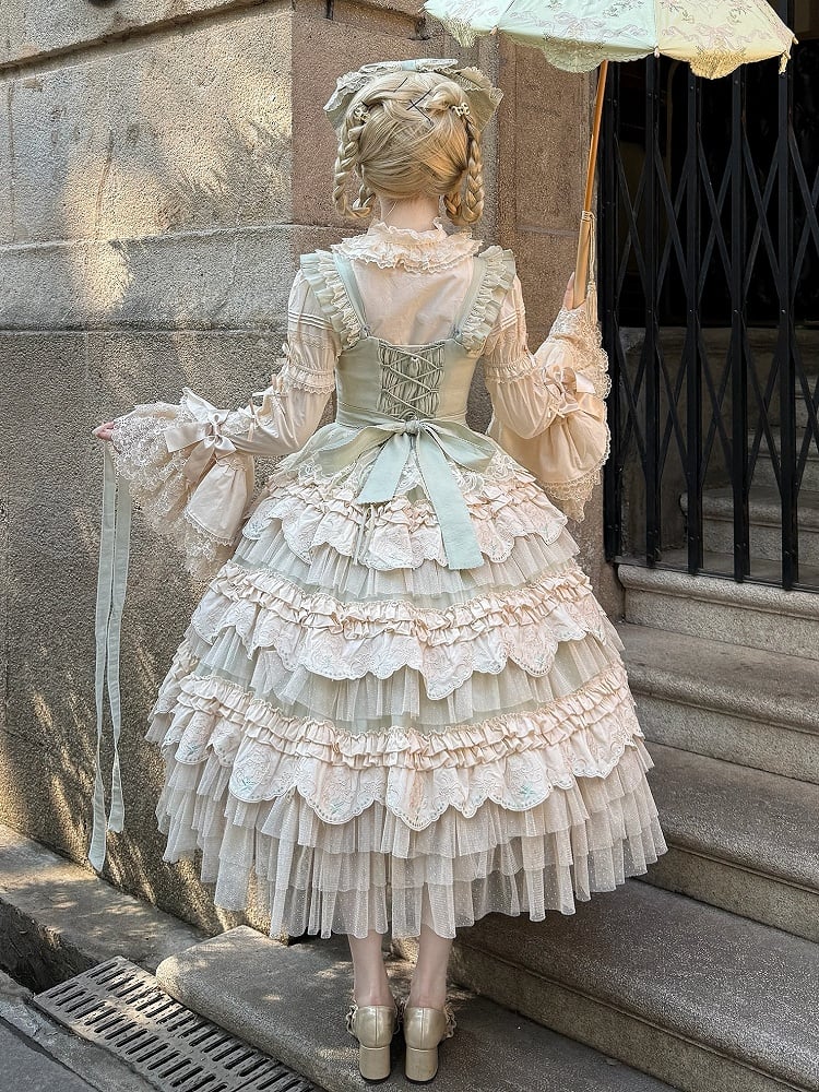 Robe Lolita vert clair à jupe superposée et motif lapin