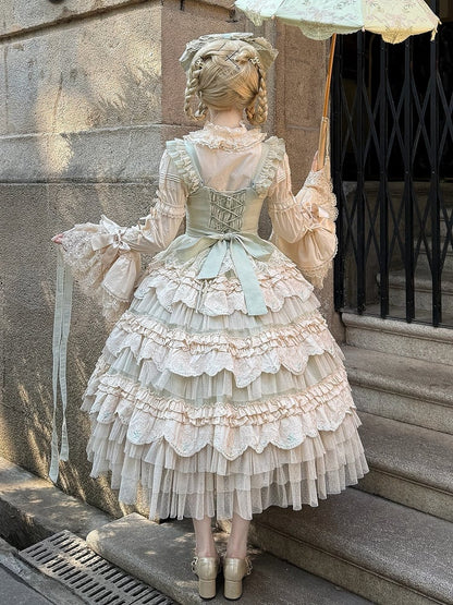 Robe Lolita vert clair à jupe superposée et motif lapin