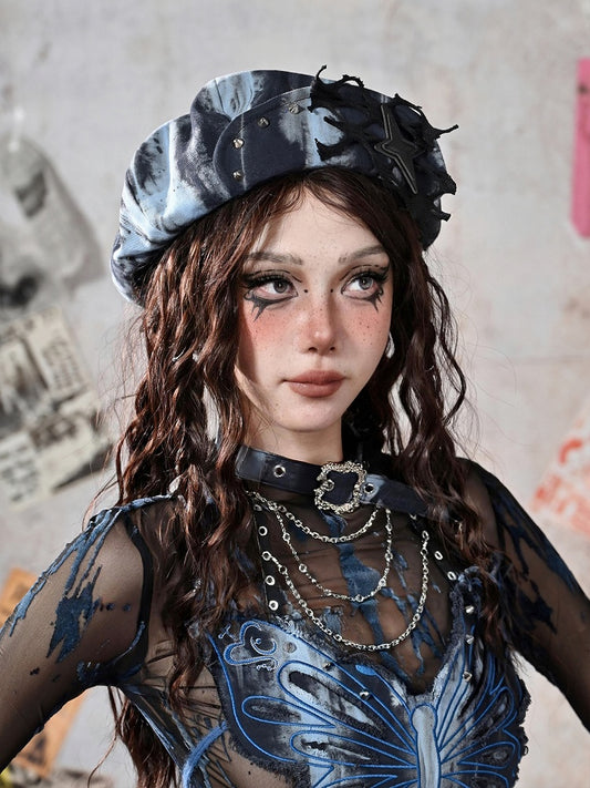 Grunge Punk Rock Star Studs Blue and Black Tie Dye Beret