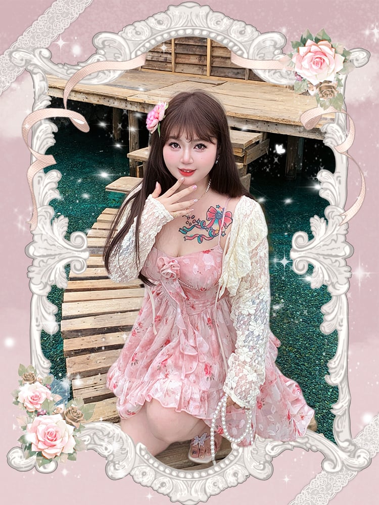 Skirt High-low Rosette Print Cami Pink Ruffle Plus Size Basque Waist Cascading Dress