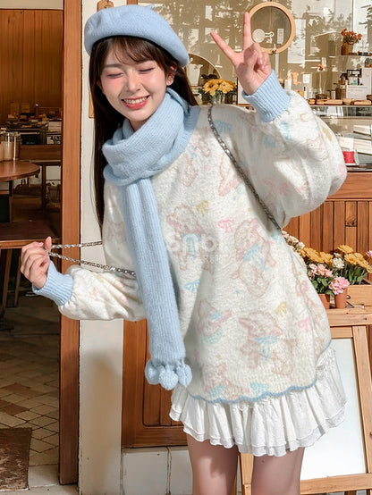 Beige Cute Lamb Pattern Sweater with Scalloped Edge Trim