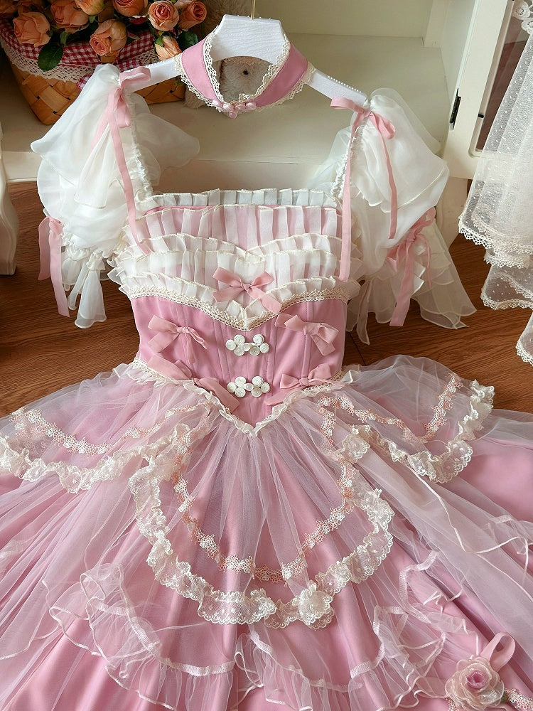 Ensemble complet de nœuds de taille basque à fleurs roses Hanayome Lolita OP /