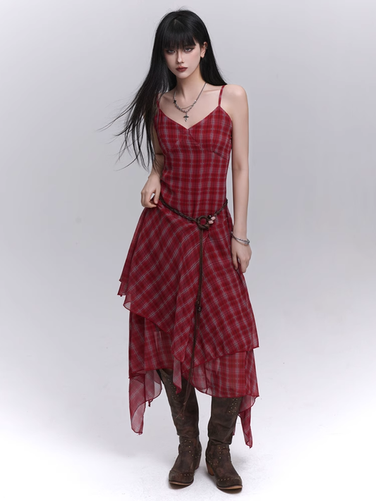 Red Plaid V-Neck Handkerchief Hem Cami Dress