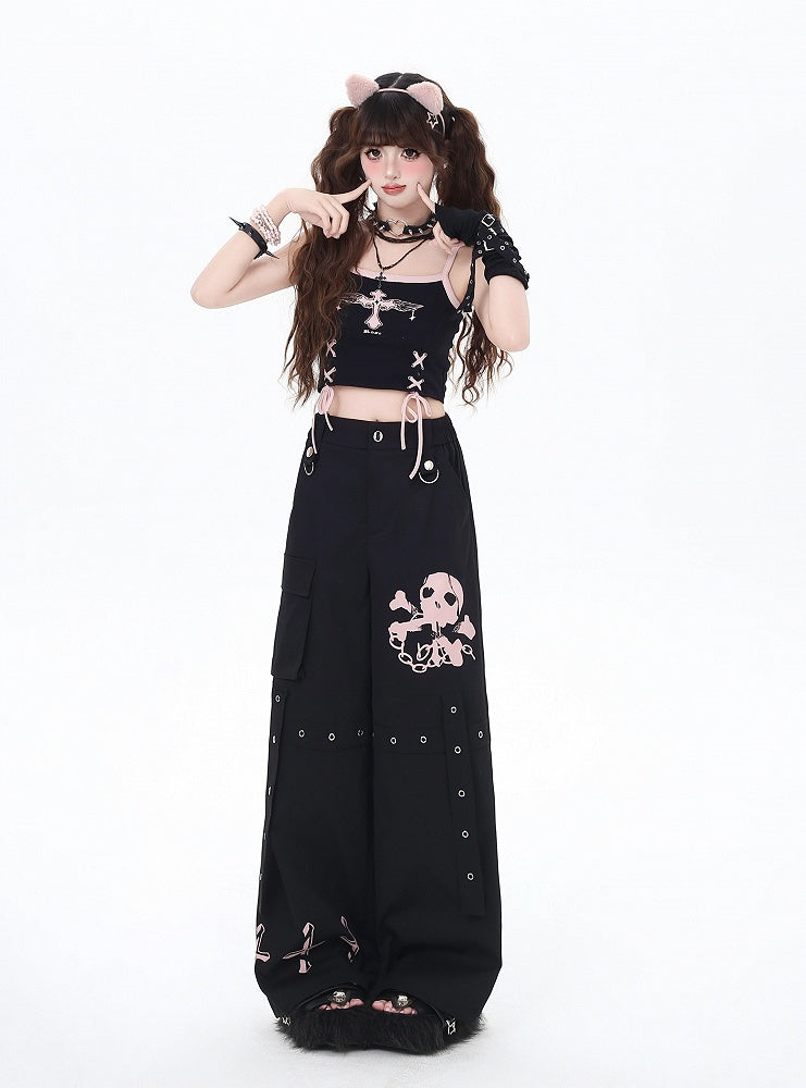 Cargo Skeleton Pockets and Cross Print Black/Grey/Pink Wide-Leg Pants