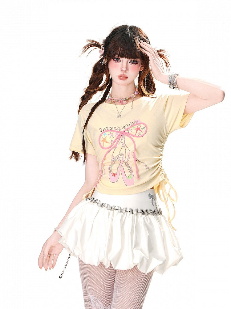 Glamorous Bowknot Black/Yellow/Pink Cropped T-Shirt Drawstring Waist Accent