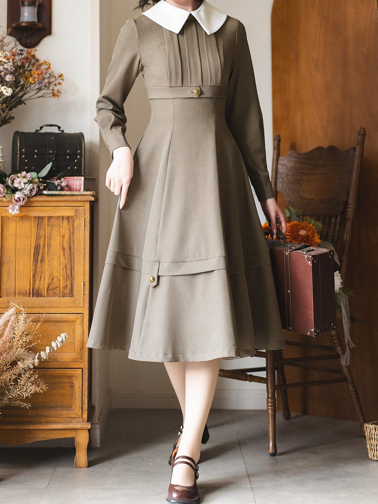 Khaki Detachable Cape Elegant Retro Slimming Dress