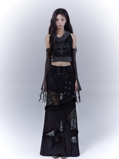 Sleeveless Top Armwear Print Punk Studded Black Cross Wing with Free