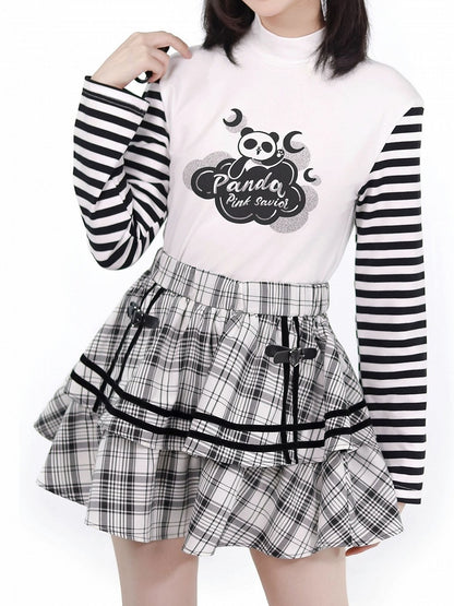 Panda Print Black Long Top and Sleeves Striped White