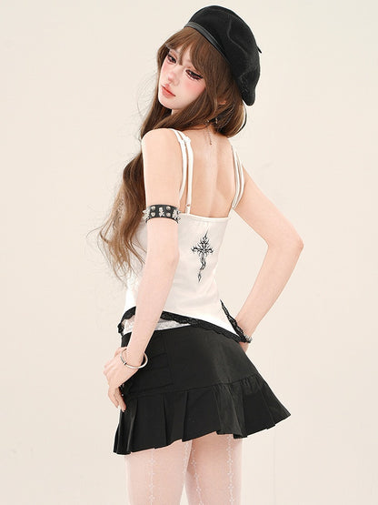 White Printed Lace Trim Cami Top with Asymmetrical Slit Hem