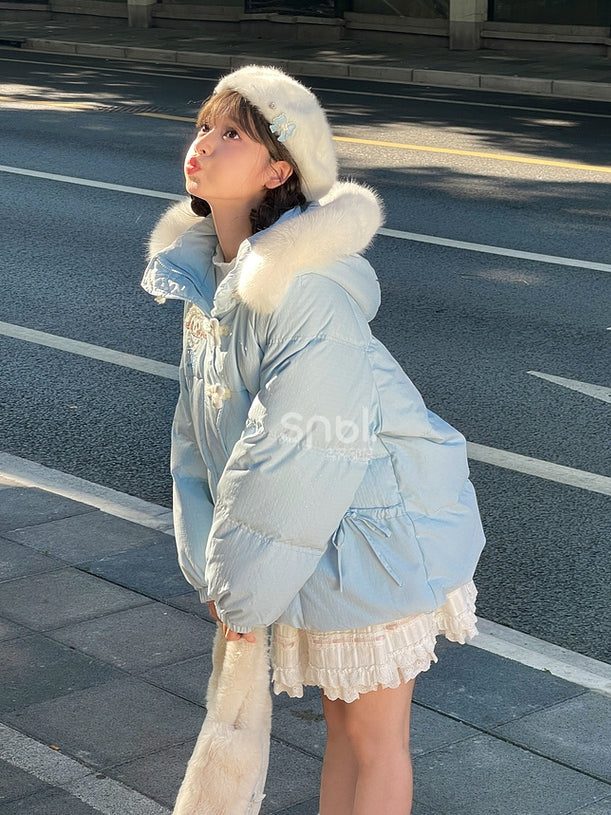 Blue Cute Lamb Applique Bowknot Details Hooded Down Coat Short Version