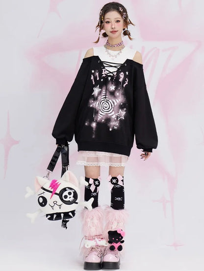 Black Star Fake Two-piece Cutout Shoulder Sweatshirt