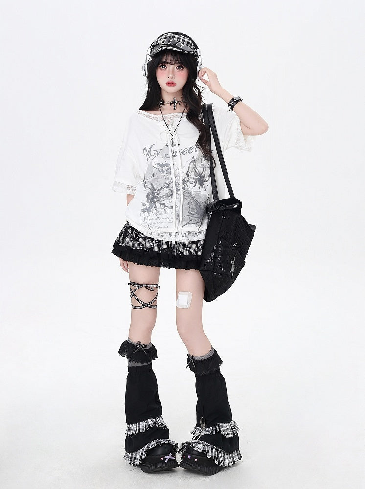 Black/White Graphic T-Shirt Hem Patches Asymmetrical Lace-up Neckline Lace