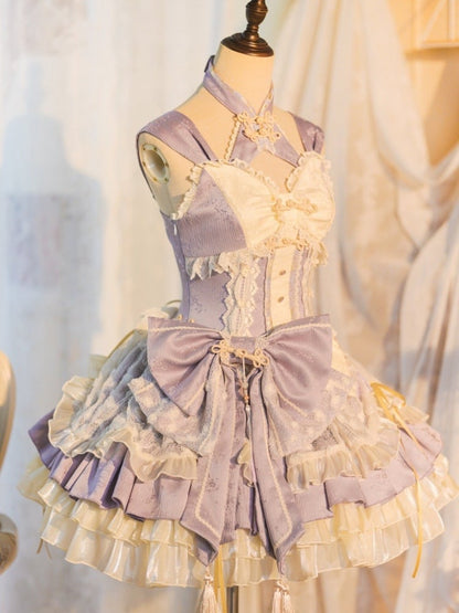 Robe Lolita Qi à taille corset violette avec gros nœud à la taille