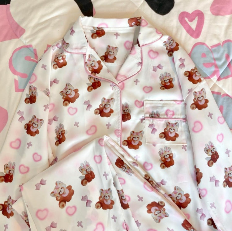 White Pink Cute Red Panda Print Pajama Set