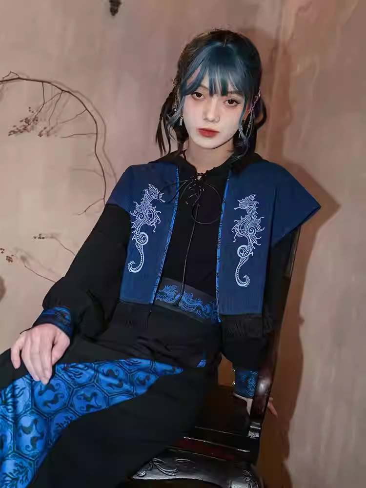 Detail at Lace-up Black and Blue Hoodie with Front