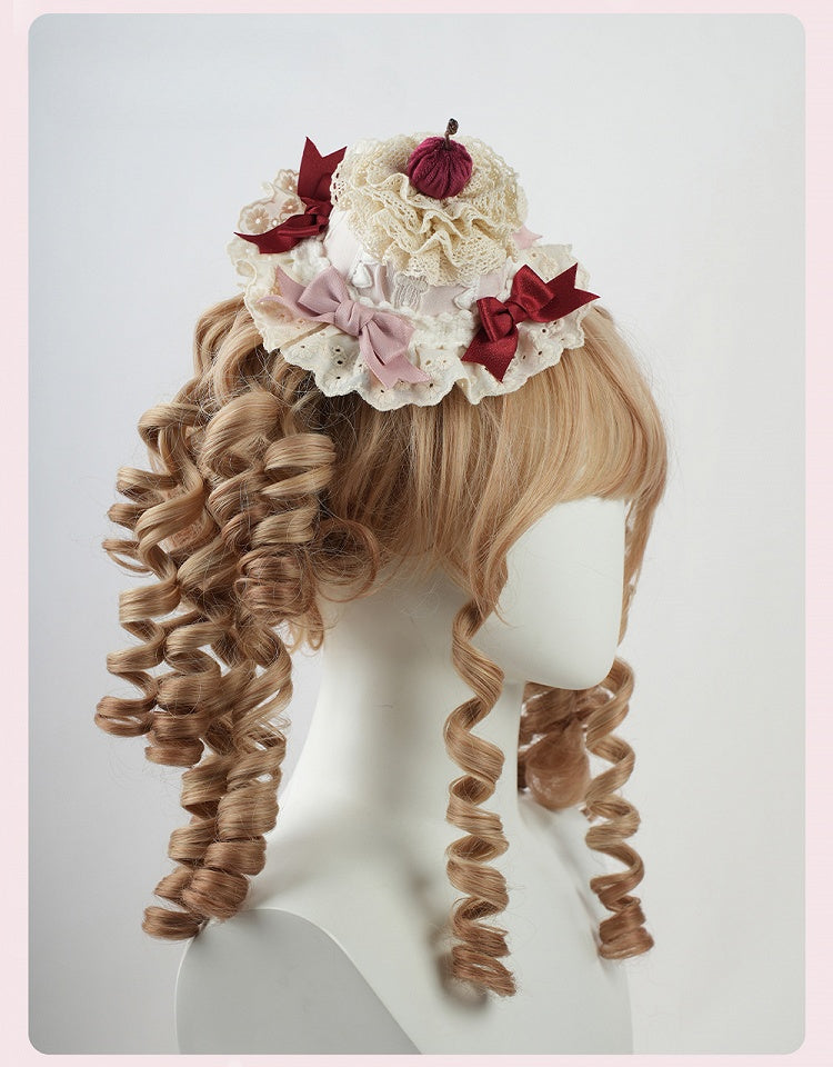 Sweet Lolita Pink Bows Cherry Cake Layered Lace Trim Mini Hat
