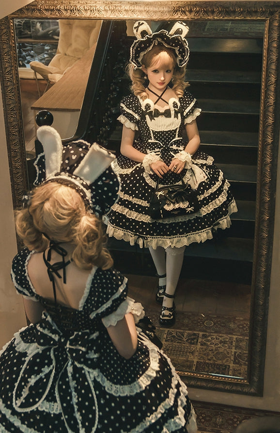 Bunny Plush Square Dress Polka Dots Sweet Lolita Pattern Neckline Black Ears