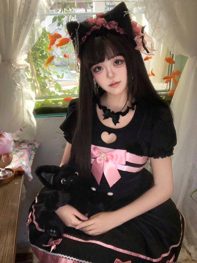 Black and Pink Cat Ears Bow Accents Basque Waist Sweet Dress Lolita Jumper Skirt