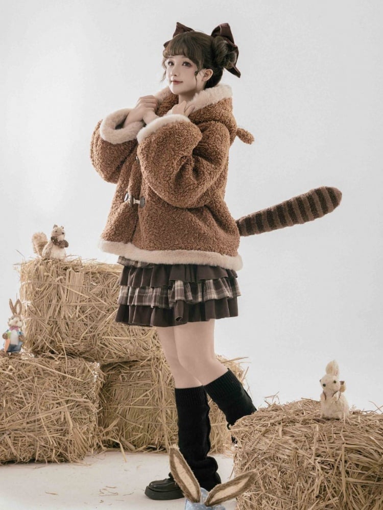 Brauner Fleece-Wintermantel mit Kapuze und Ohren des Kleinen Pandas