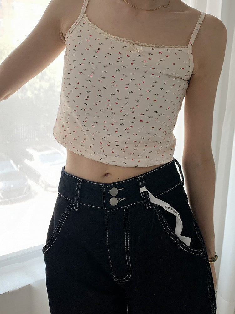 Top Beige/White Print Cami Floral Lace Trim Bowknot Decorated