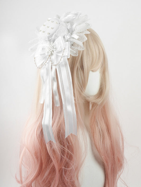 Mini-chapeau Shiro Lolita blanc à gros nœud et bordure en dentelle avec flocon de neige et chaîne perlée