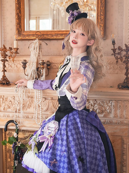 Waistcoat Tops - Blazer Cropped Ouji Set Half-plaid Half-stripes Purple Lolita Half-black + Half-white Backless Pattern