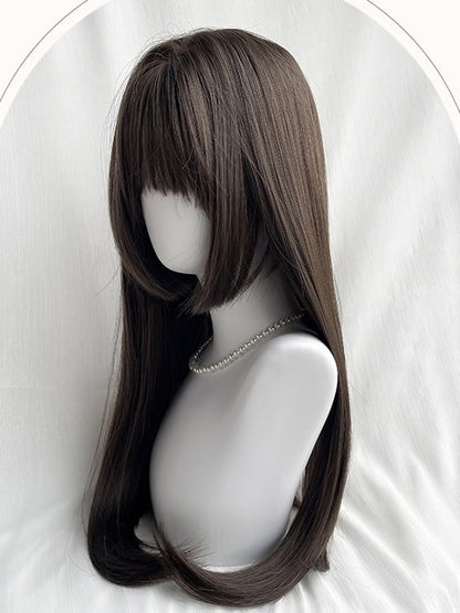Brown/Black Long Straight Hime Cut Synthetic Wig With Bangs