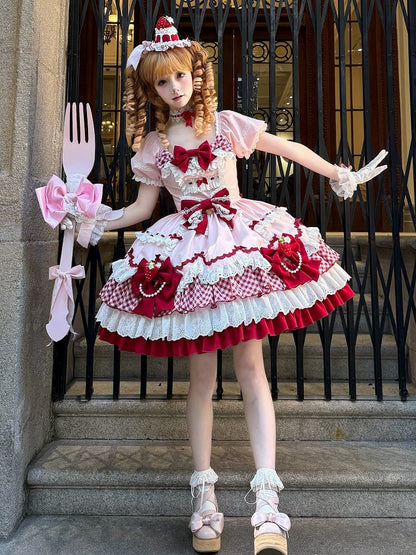 Pink and Red Strawberry Bowknots Decorated Tiered Skirt Sweet Lolita Dress