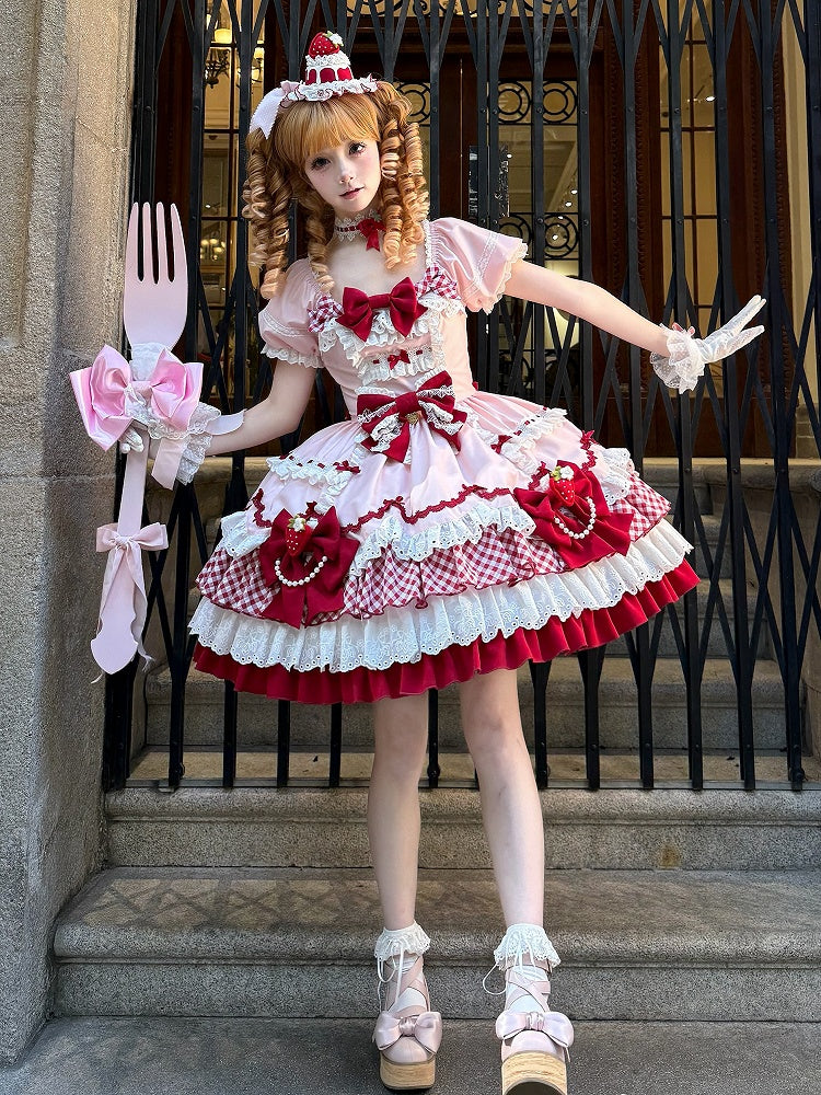 Robe Lolita Sweet Lolita à jupe à volants décorée de nœuds papillons roses et rouges