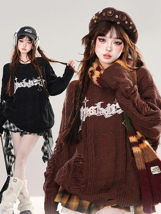 Brown/Black LettersEmbroidery Distressed Holes Loose Sweater