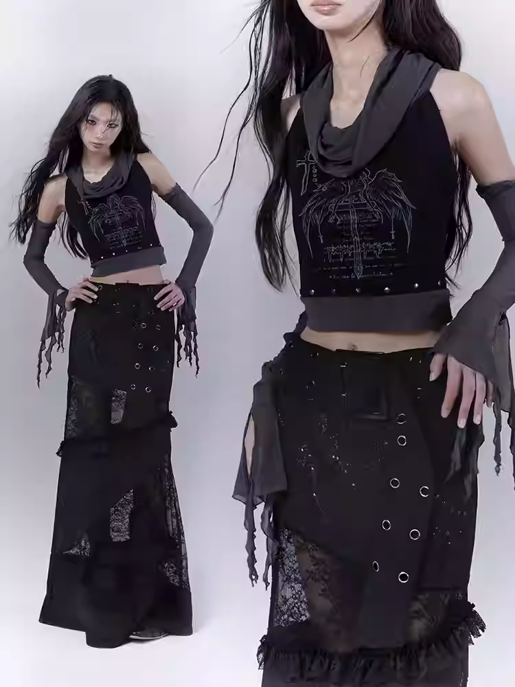 Sleeveless Top Armwear Print Punk Studded Black Cross Wing with Free
