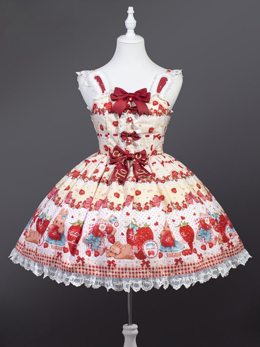 Spring Strawberry and Rabbit Bow Accents Rabbit Ears Design Yellow Lolita Jumper Skirt