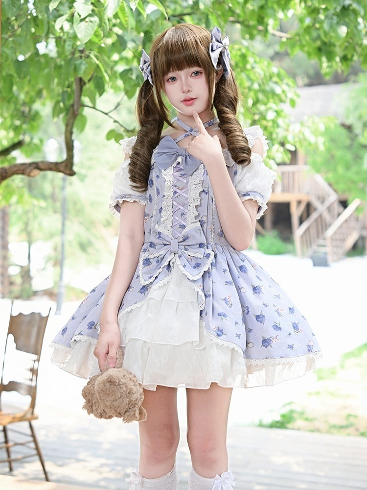 Neck Purple Hydrangea Print Open Shoulder Halter Light OP Sweet Lolita Dress