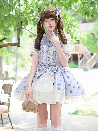 Neck Purple Hydrangea Print Open Shoulder Halter Light OP Sweet Lolita Dress