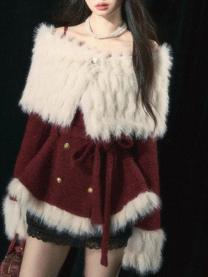 ChristmasRed/White Elegant Off-the-shoulder Neckline Coat Detachable Plush Shawl