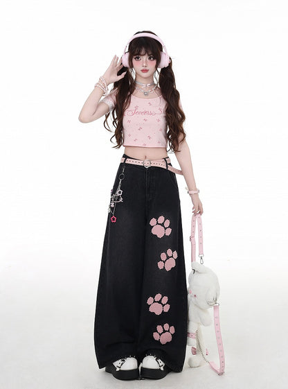 Taille Straight-Leg Jeans Rosa Pfotenstickerei Schwarz Niedrig