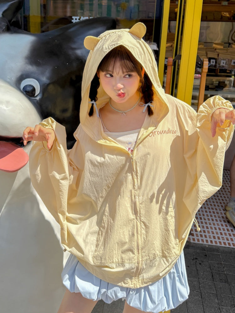 Jacket Sun Protection Drawstring Yellow Marmot Ear Design Hood Hem