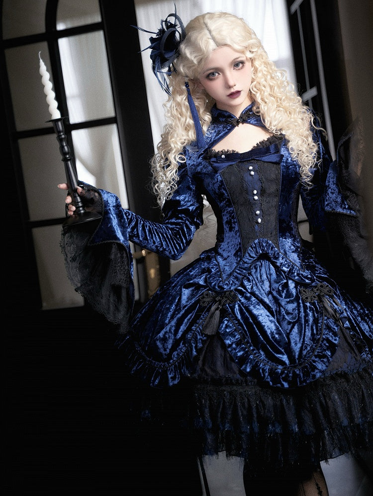 Dark Blue Detachable Long Bell Sleeves Snake Bones Embroidery Velvet Top
