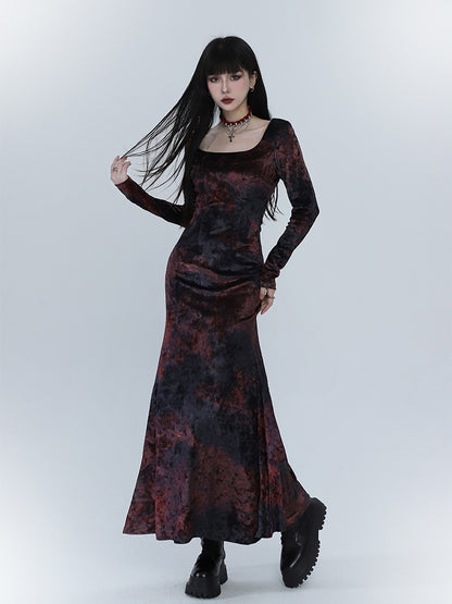 Robe sirène en velours noir et rouge tie-dye