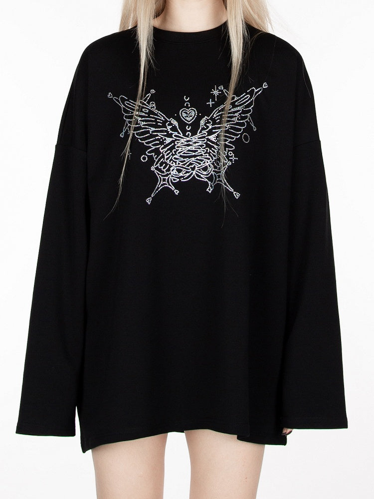 Black Rhinestone Butterfly Loose Sweatshirt