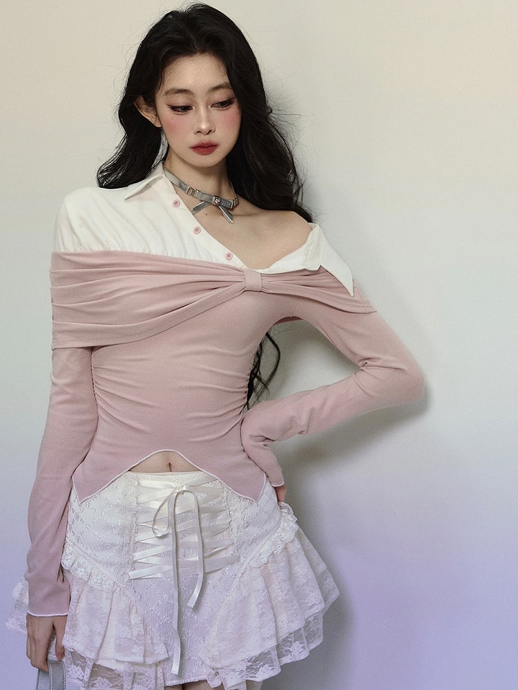 Pink and White Fake Two-piece Asymmetrical Neckline Top