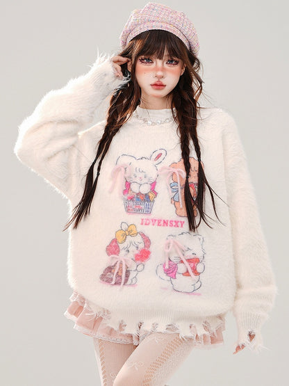 White/Pink Cute Kitty and Bear Distress Trim Mohair Soft Sweater