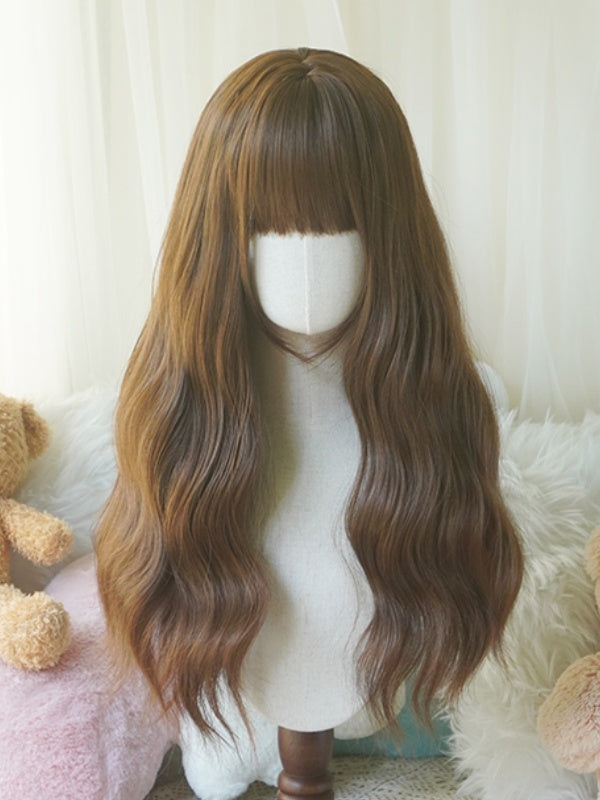 Black/White/Light Blonde/Blonde/Caramel/Grey Long Wavy Wig With Full Bangs