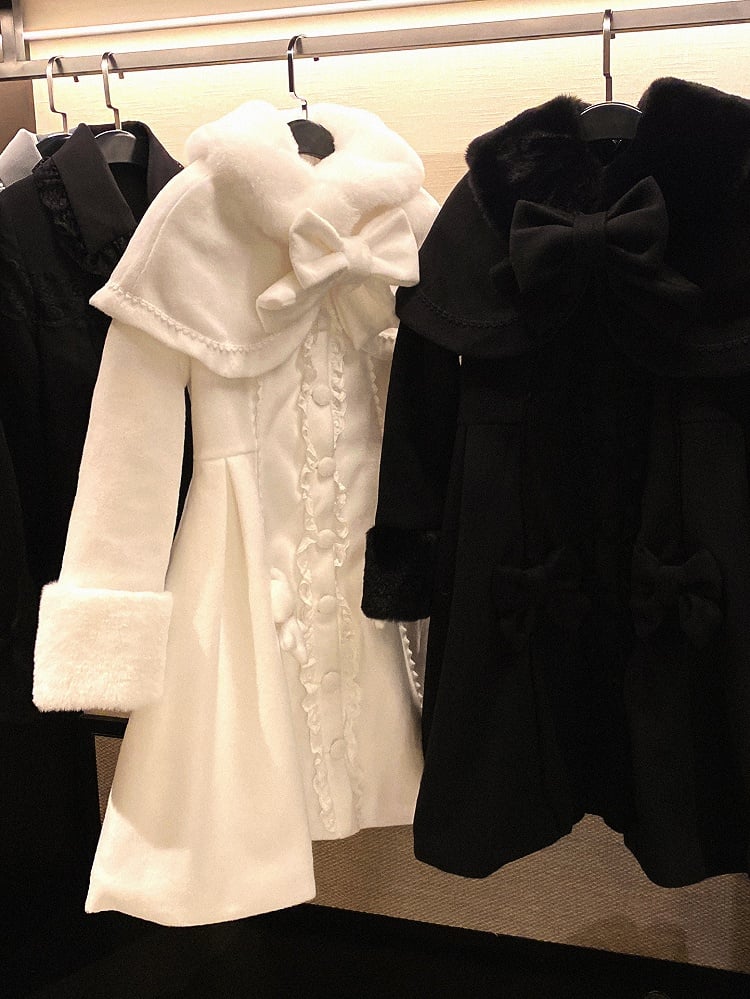 Jirai Kei White/Black Detachable Cape Bowknot Details Landmine Style Coat