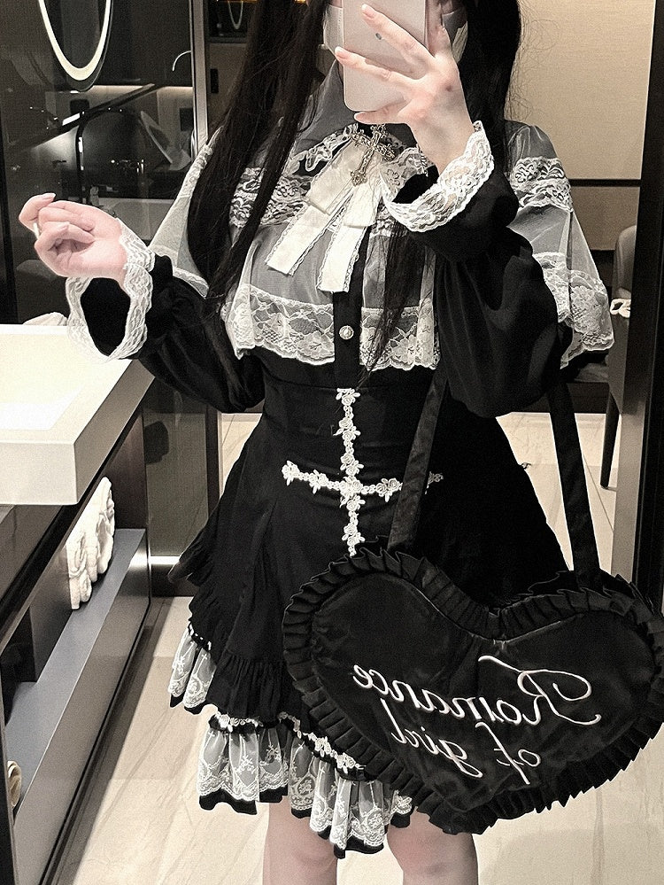 Jirai Kei White&Black/All Black Lace Cape Design Landmine Style Blouse