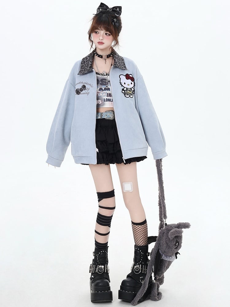 Veste de baseball à col léopard Blue Kitty