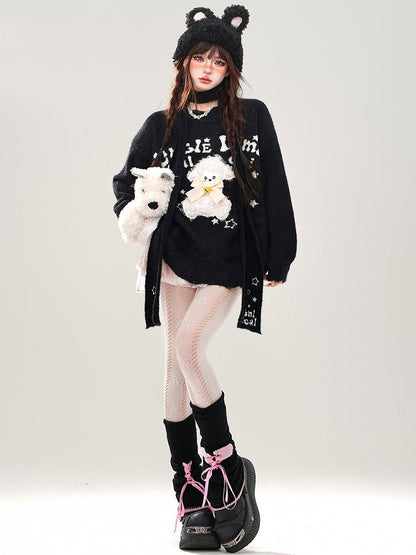 Red/Black Cute Lamb Appliques Loose Sweater with Free Scarf