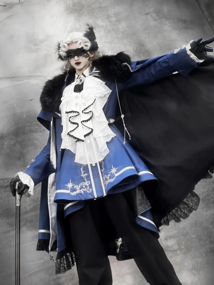 XXL Gold Coat Blue Skirt + Set Cape Shirt Jabot Trimming Clearance-Size Full Lolita Military and